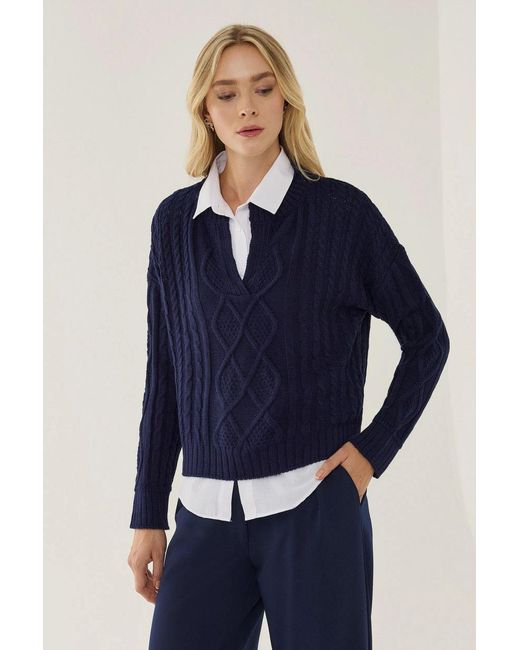Hiccup Blue Relaxed Fit Shirt Collar Sweater With Hair Braid Pattern