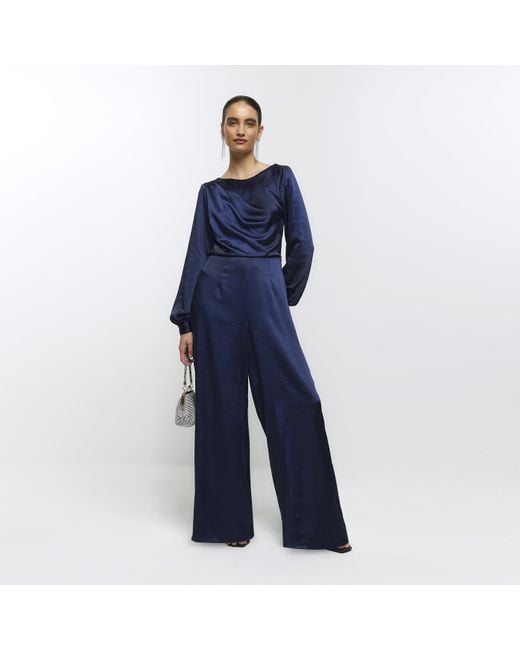 River Island Blue Jumpsuit Satin Open Back