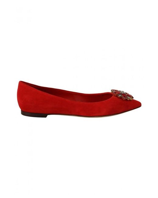 Dolce & Gabbana Red Suede Crystals Loafers Flats Shoes Leather