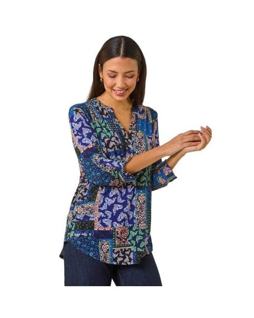 Roman Blue Paisley Contrast Print Stretch Top
