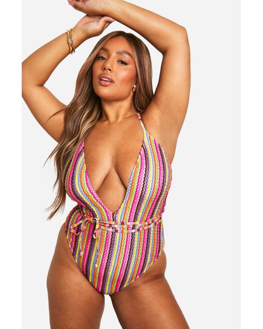 Boohoo Red Plus Crinkle Plunge Swimsuit