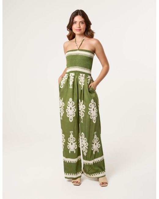 Blue Vanilla Green Strapless Shirred Waist Jumpsuit