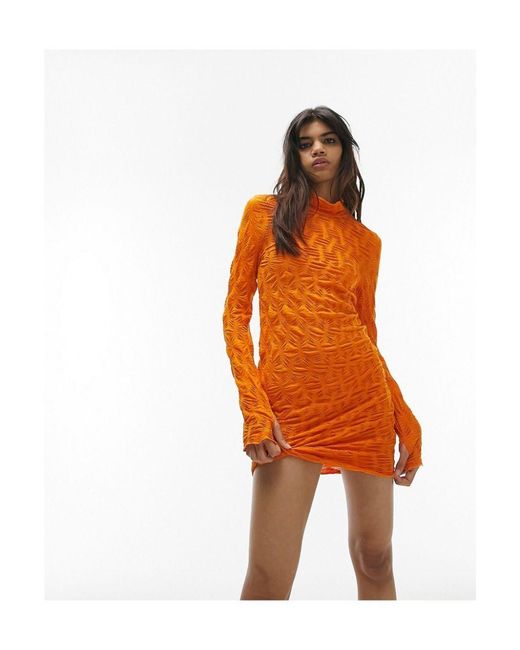 TOPSHOP Orange Textured Jersey Long Sleeve Mini Dress