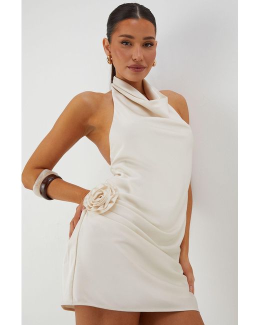 MissPap White Satin Cowl Corsage Drape Mini Dress