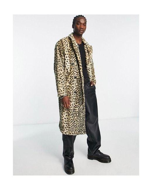 ASOS White Oversized Longline Leopard Print Faux Fur Coat-brown for men