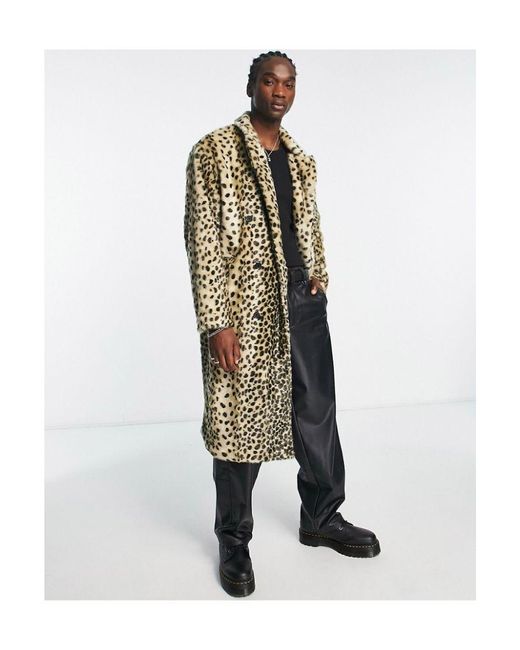 ASOS White Oversized Longline Leopard Print Faux Fur Coat-brown for men