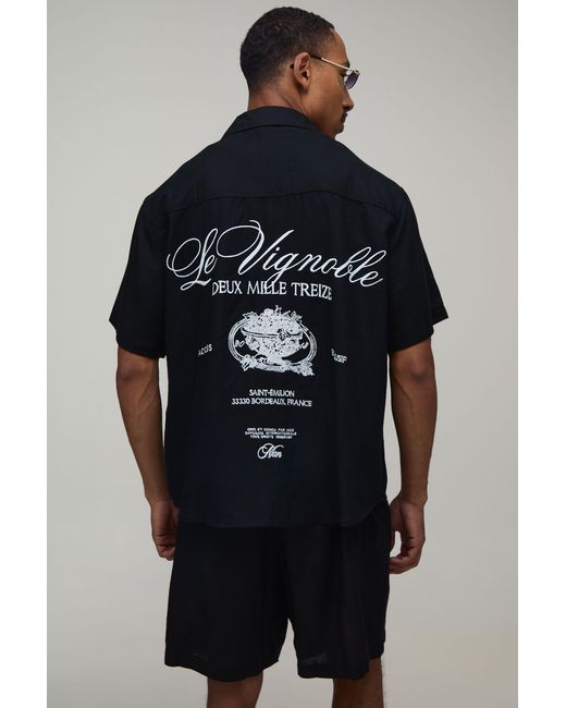 BoohooMAN Blue Back Embroidered Linen Look Oversized Shirt & Short Set for men
