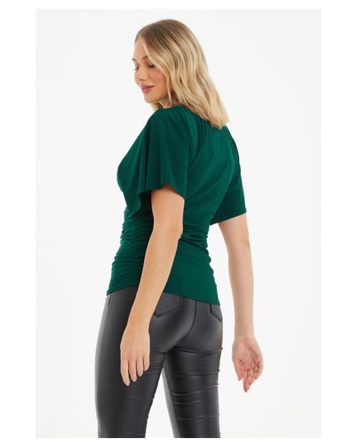 Quiz Green Bottle Batwing Ruched Top Nylon