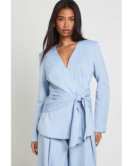 Boohoo Blue Drape Wrap Waist Blazer