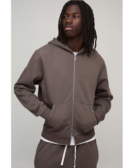 BoohooMAN Brown Essential Washed Boxy Zip Through Hoodie for men