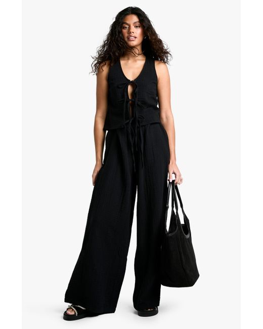Boohoo Black Cheesecloth Elasticated Waist Wide Leg Pants