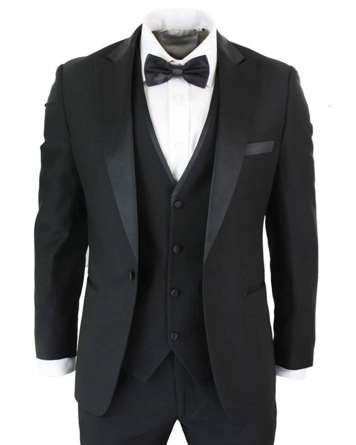 Paul Andrew Black 3 Piece Tuxedo Suit Classic Satin Dinner Tailored Fit Wedding Prom for men