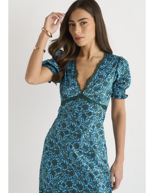 Gini London Blue Floral Lace Trim V Neck Midi Dress