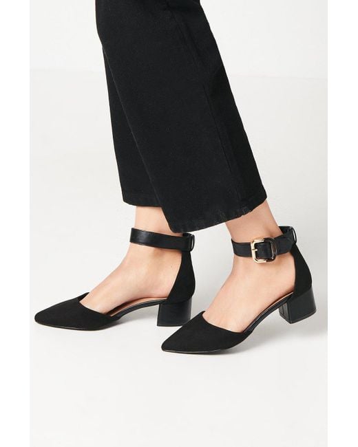 Wallis Black Wide Fit Derby Buckle Detail Medium Block Heel Pointed Court Shoes