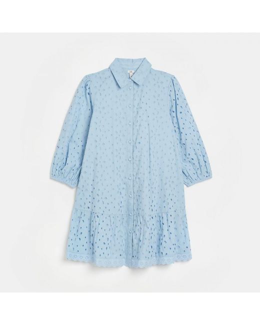 River Island Blue Mini Shirt Dress Broderie Long Sleeve Cotton