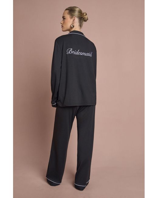Boohoo Blue Bridal 'Bridesmaid' Jersey Embroidered Long Sleeve Shirt & Trousers Pyjama Set