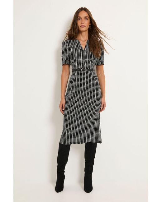Wallis Black Check Ponte Belted Midi Dress