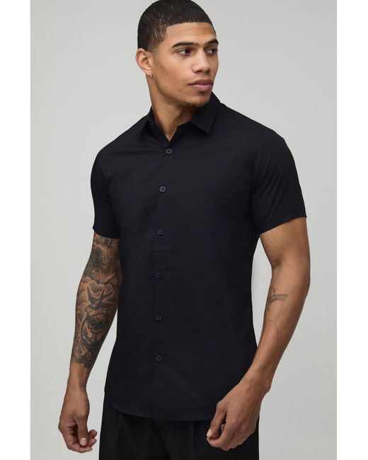 BoohooMAN Blue Stretch Fit Short Sleeve Shirt for men
