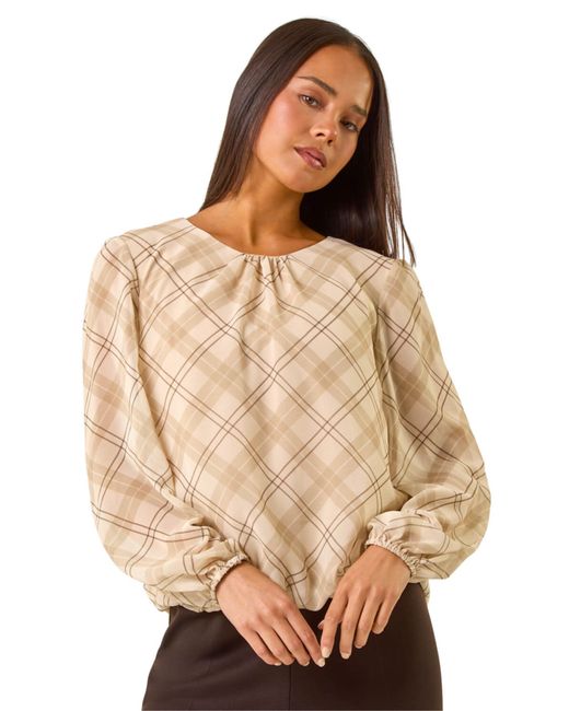 Roman Natural Petite Check Bubble Hem Top