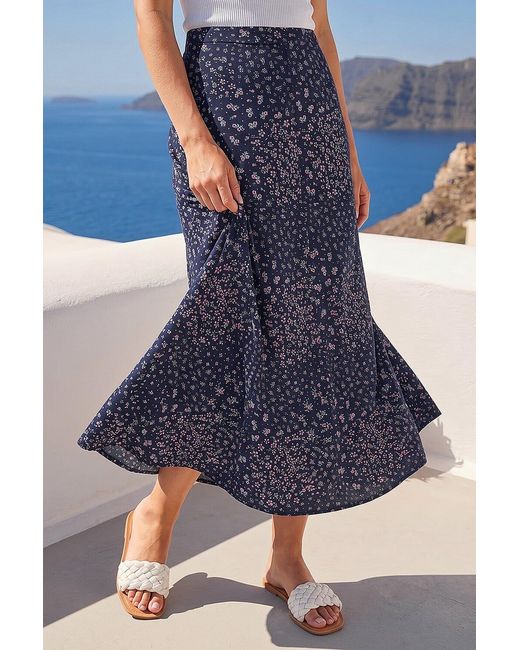 Roman Blue Floral Print Stretch Midi Skirt