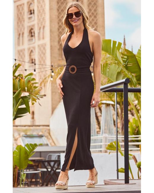 Sosandar Black Halter Neck Belted Maxi Jersey Dress