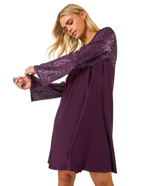 Roman Purple Petite Contrast Sequin Shift Stretch Dress