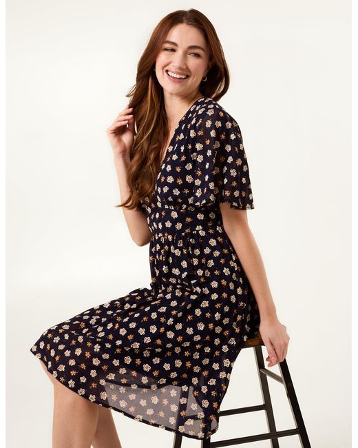 Blue Vanilla White V Neck Tie Back Flower Printed Mini Dress