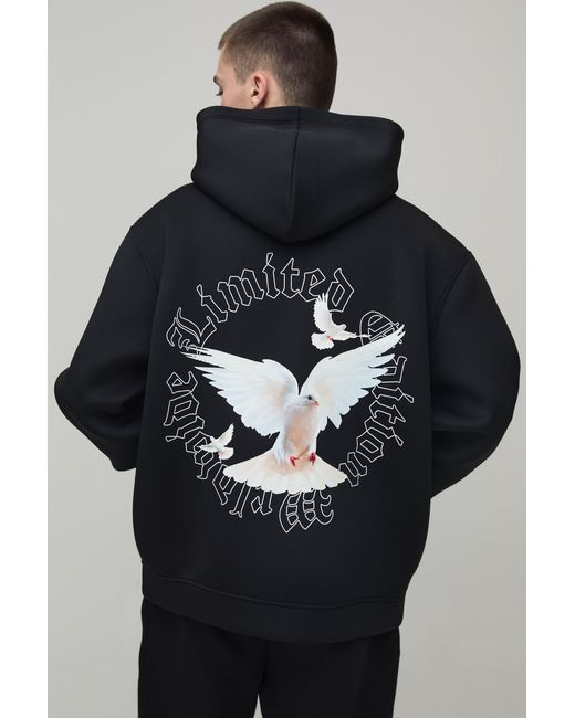 BoohooMAN Black Oversized Limited Edition Dove Bonded Scuba Printed Hoodie for men