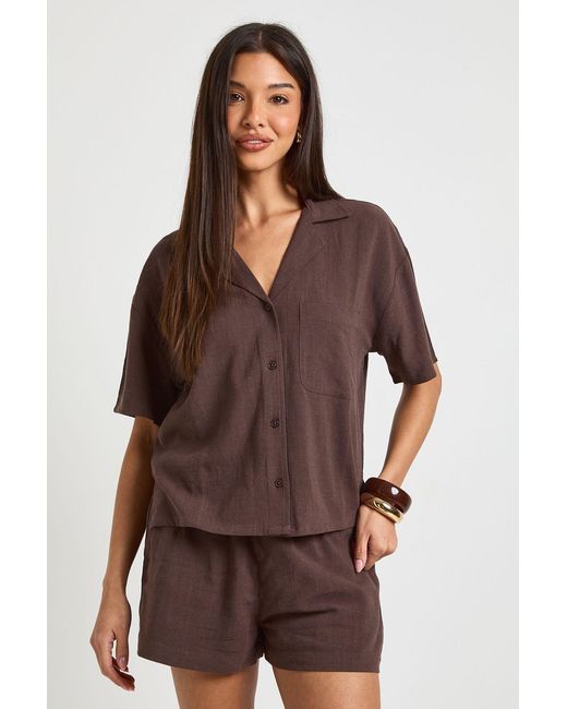 Boohoo Brown Premium Linen Short Sleeve Shirt