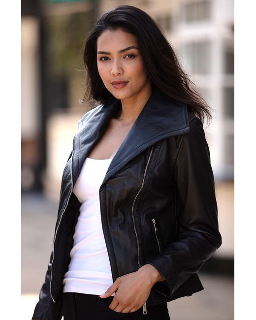Ashwood Leather Black 'Isabella' Real Wide Collar Biker Jacket