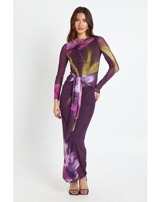 Boohoo Purple Knot Detail Long Sleeve Maxi Dress