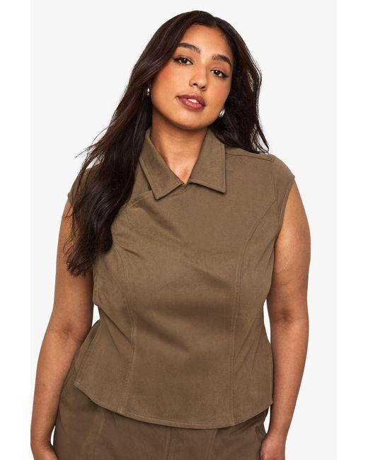 Boohoo Brown Plus Cotton Twill Cap Sleeve Wrap Over Top