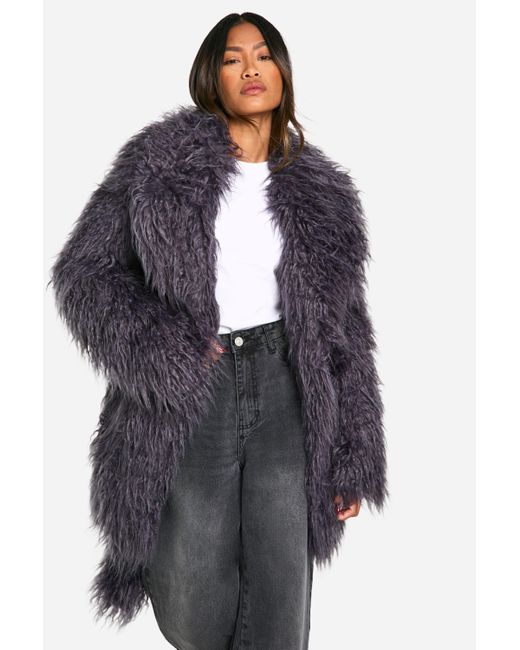 Boohoo Gray Faux Mongolian Fur Belted Coat