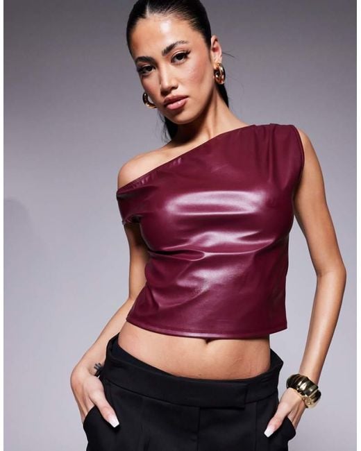 ASOS Red Drape Pu One Shoulder Asymmetric Top