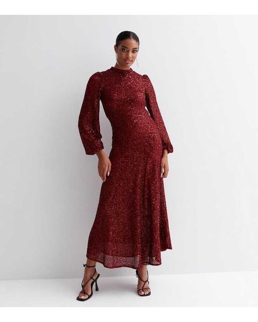 Gini London Paillet Hoge Hals Gelegenheids Midi Jurk in het Red