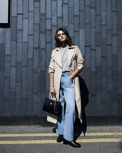 River Island Blue Trench Coat Double Collar Belted Cotton
