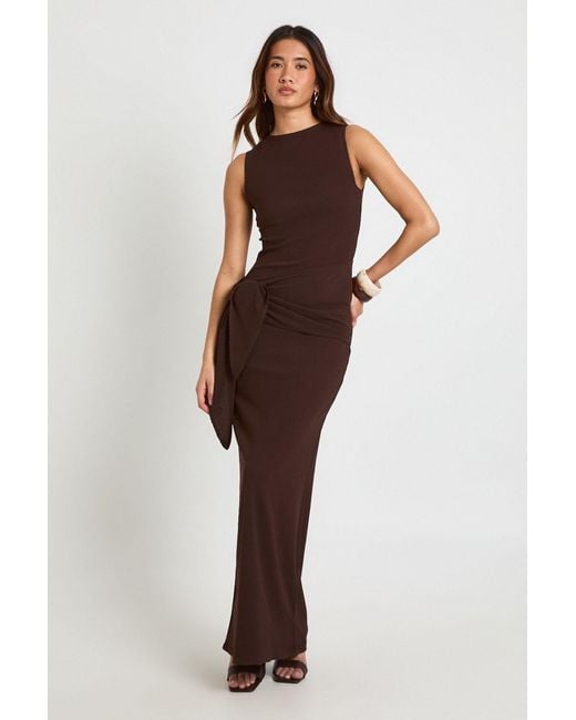 Boohoo Brown Textured Tie Waist Maxi Dress