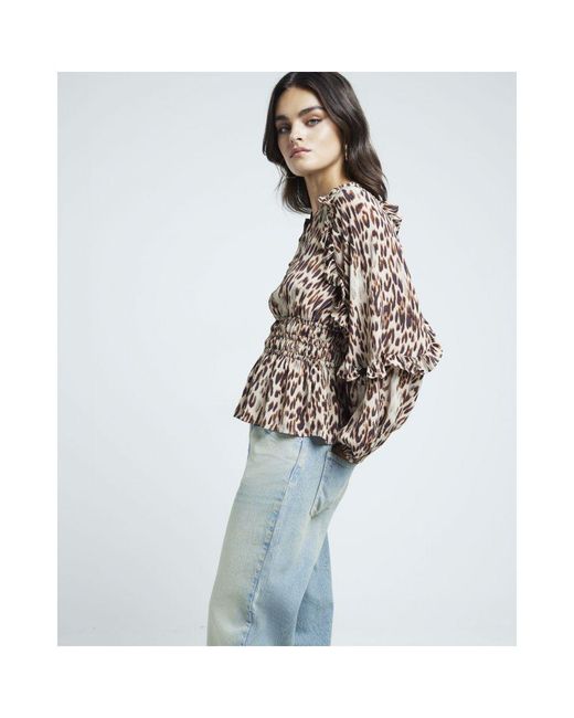 River Island White Blouse Leopard Print Frill Viscose