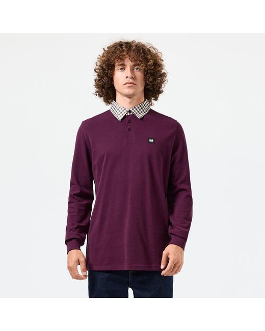 Weekend Offender Purple Walker Check Collar Long Sleeve Polo Shirt for men