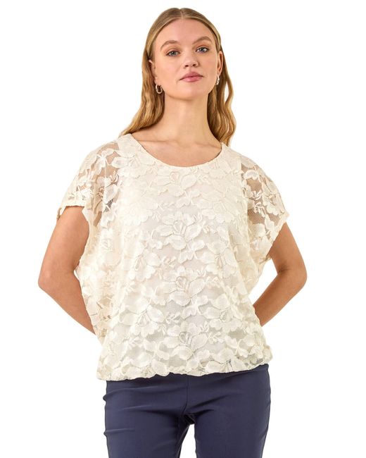 Roman White Floral Lace Overlay Stretch Top