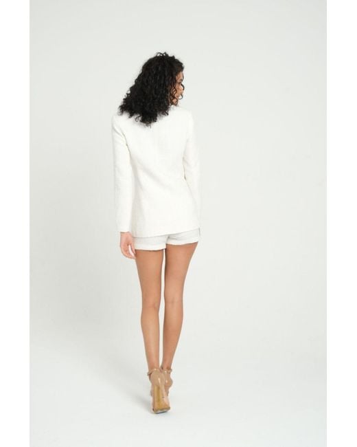 Hiccup White 2 Pieces: Collar Tweed Buttoned Blazer & Mid Rise Mini Short Skirt