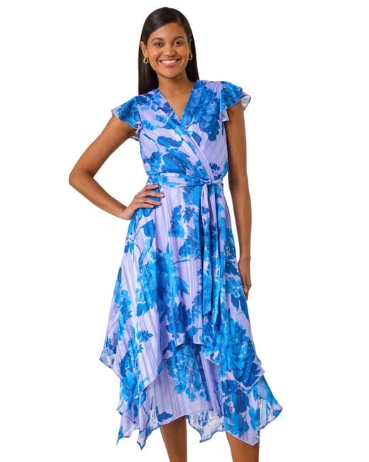 Roman Blue Floral Frill Midi Wrap Dress