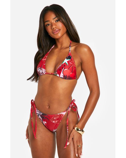 Boohoo Red Mixed Print Triangle Bikini Top & Tie Side Bottoms Set
