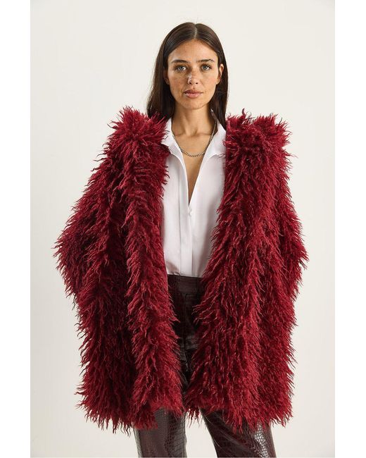Bianco Lucci Red Oversize Hooded Faux Fur Jacket