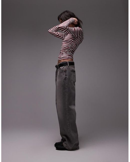 TOPSHOP Gray Slash Neck Long Sleeve Jersey Top