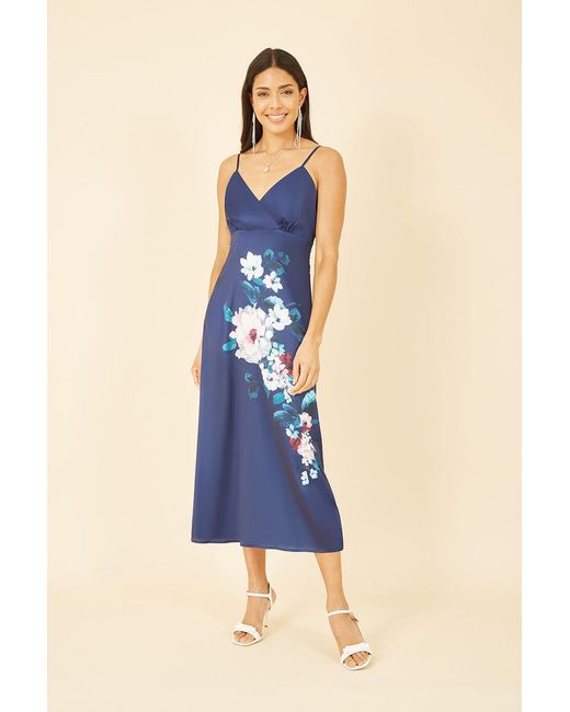 Yumi' Blue Satin Slip Dress With Floral Design