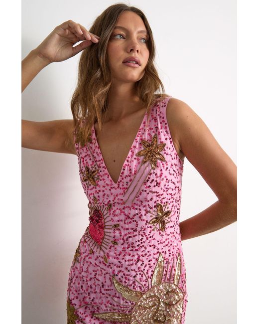 Warehouse Pink Premium Hand Embellished V Neck Mini Dress