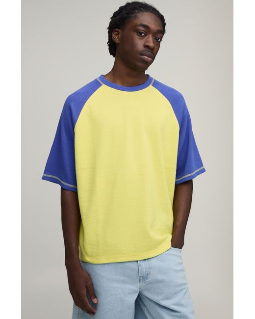 BoohooMAN Blue Oversized Boxy Washed Raglan Waffle T-Shirt for men