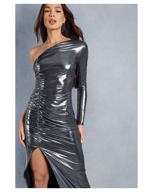 MissPap Gray Metallic Ruched One Shoulder Maxi Dress