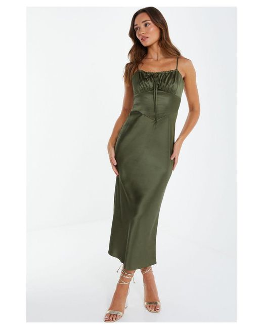 Quiz Green Khaki Satin Midi Slip Dress